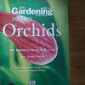 Book cover of 'Flora's Orchids' by Gardening Australia on a green background